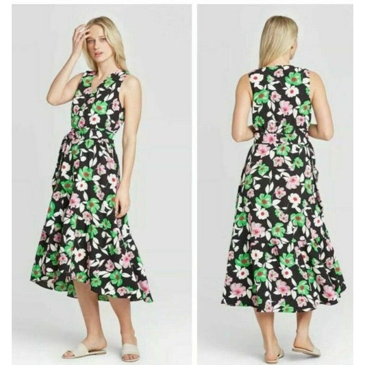 Dress Who What Wear Size Small Women's Wrap Floral Print Sleeveless Midi V-Neck