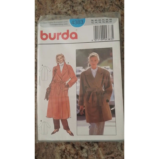 Pattern Burda # 4383 Size 12 - 22 Jacket Coat Long Sleeve Belt Pockets Button