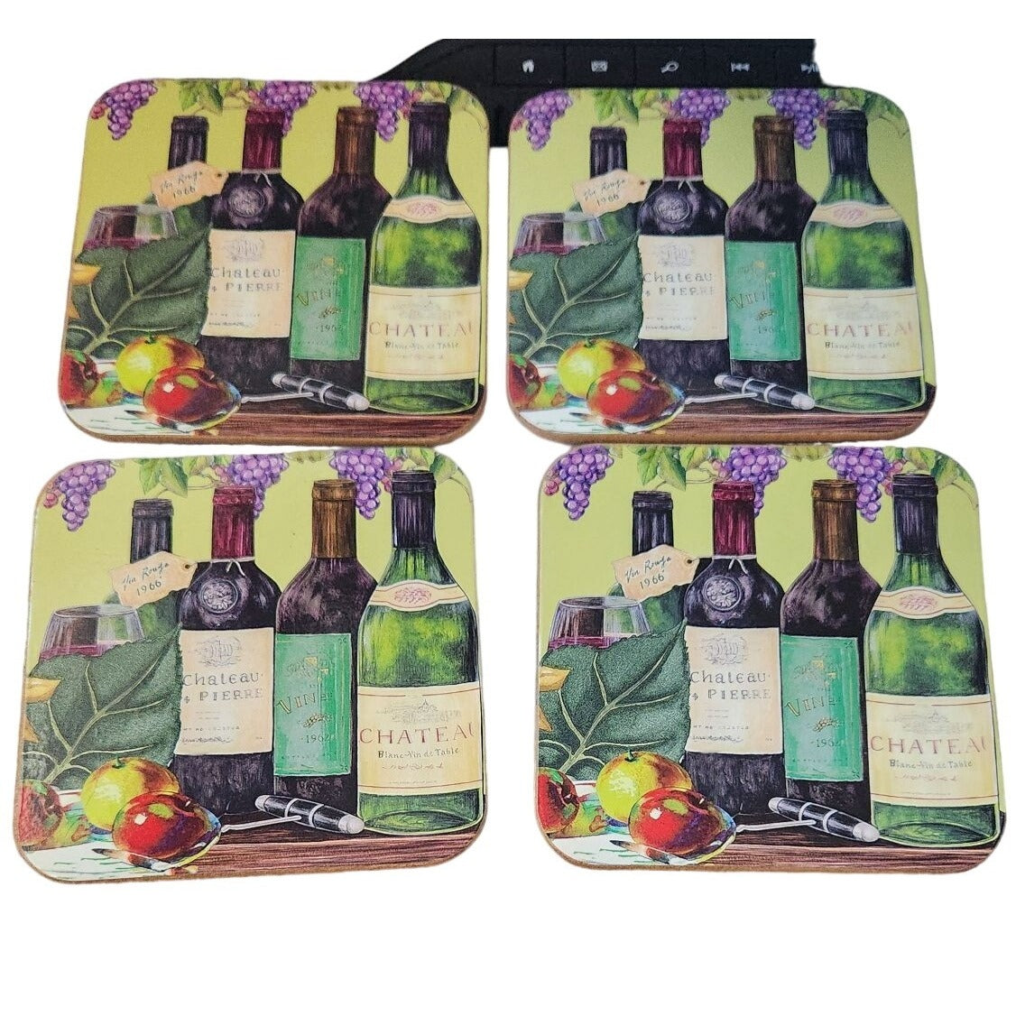 Wine Bottles Grapes Set of 4 Coasters Cork Backing Wood Glossy 3 1/2" x 3 1/2"