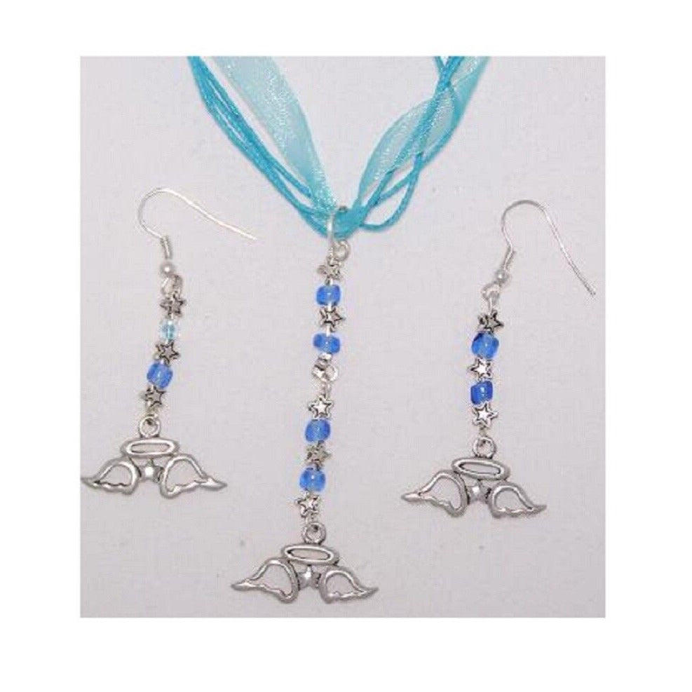 Necklace Earrings Angel Charm Blue Star Beads Sterling Hook 2" Long Ribbon Cord