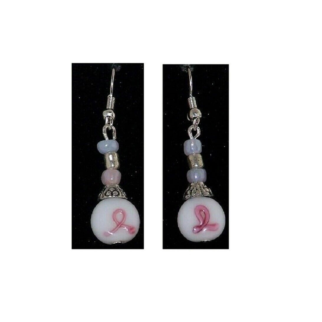 Earrings Pink Ribbon White Beads Pink Silver Beads Sterling Wire 1 1/2" Long