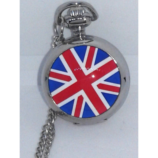 Watch Silver Necklace Locket Pocket Watch Style Mirror British Flag 30" Chain