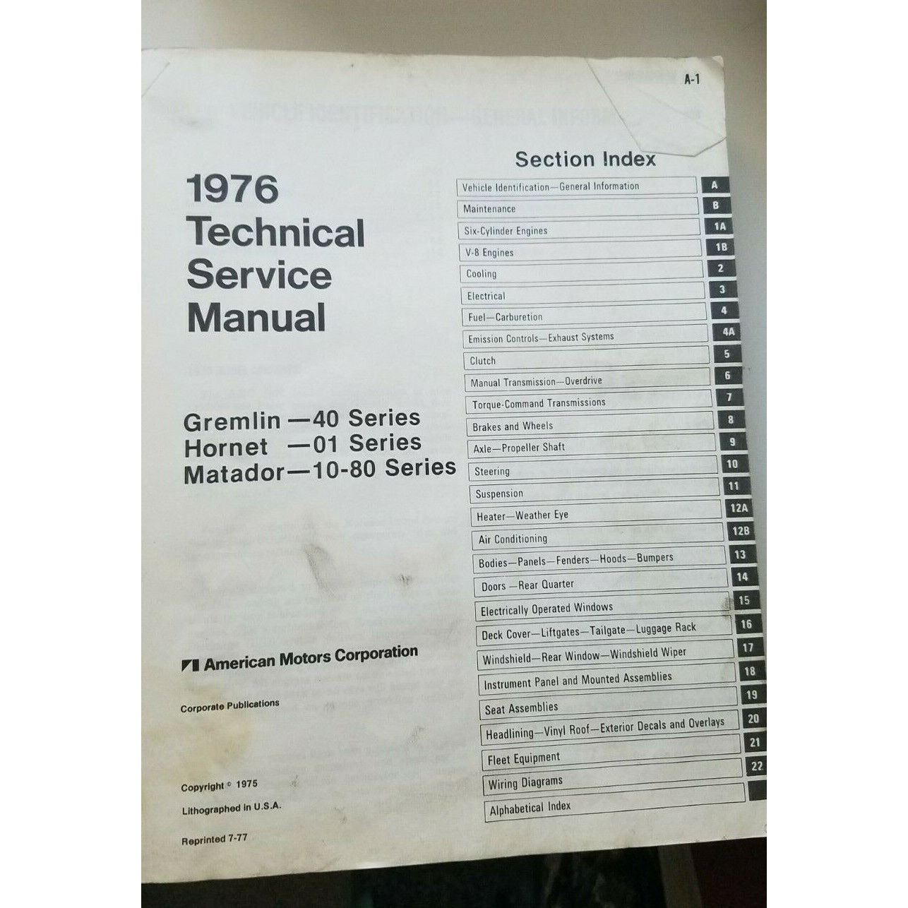 1976 AMC Technical Service Manual Gremlin Hornet Matador Automobile Shop