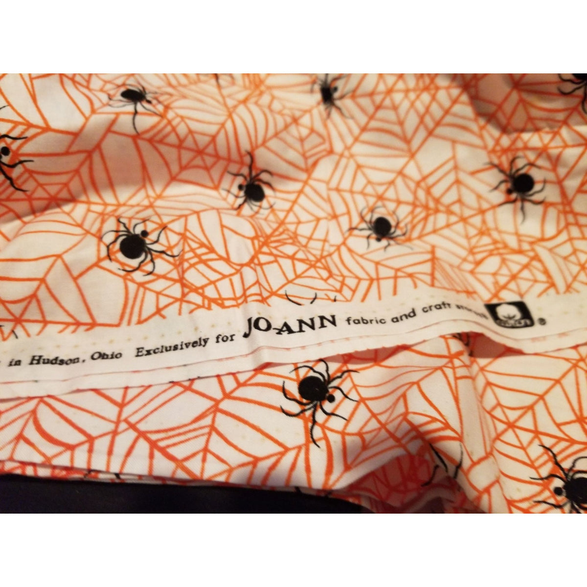 Material Cotton White Fabric Black Spiders  Orange Cobwebs 36" x  44" Cotton JoAnn