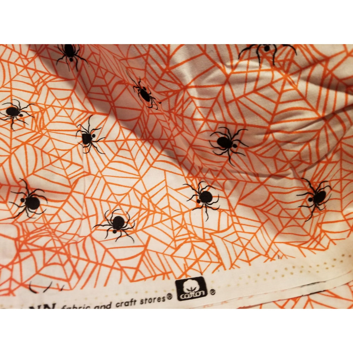 Material Cotton White Fabric Black Spiders  Orange Cobwebs 36" x  44" Cotton JoAnn