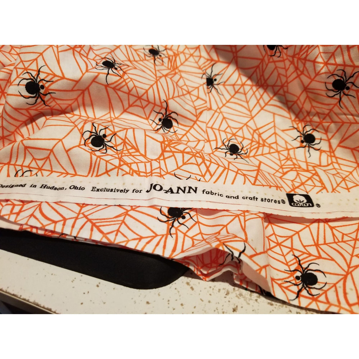 Material Cotton White Fabric Black Spiders  Orange Cobwebs 36" x  44" Cotton JoAnn