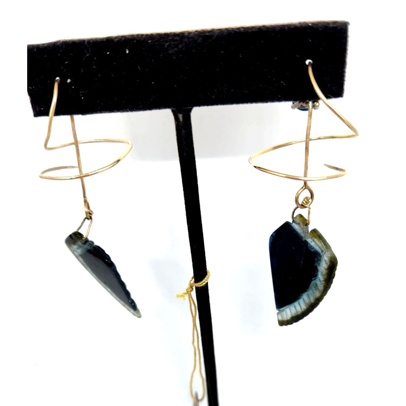 Earrings Feather Shaped Carved Tourmaline 5 mm Square Sapphire 14K Gold 8.9 gr