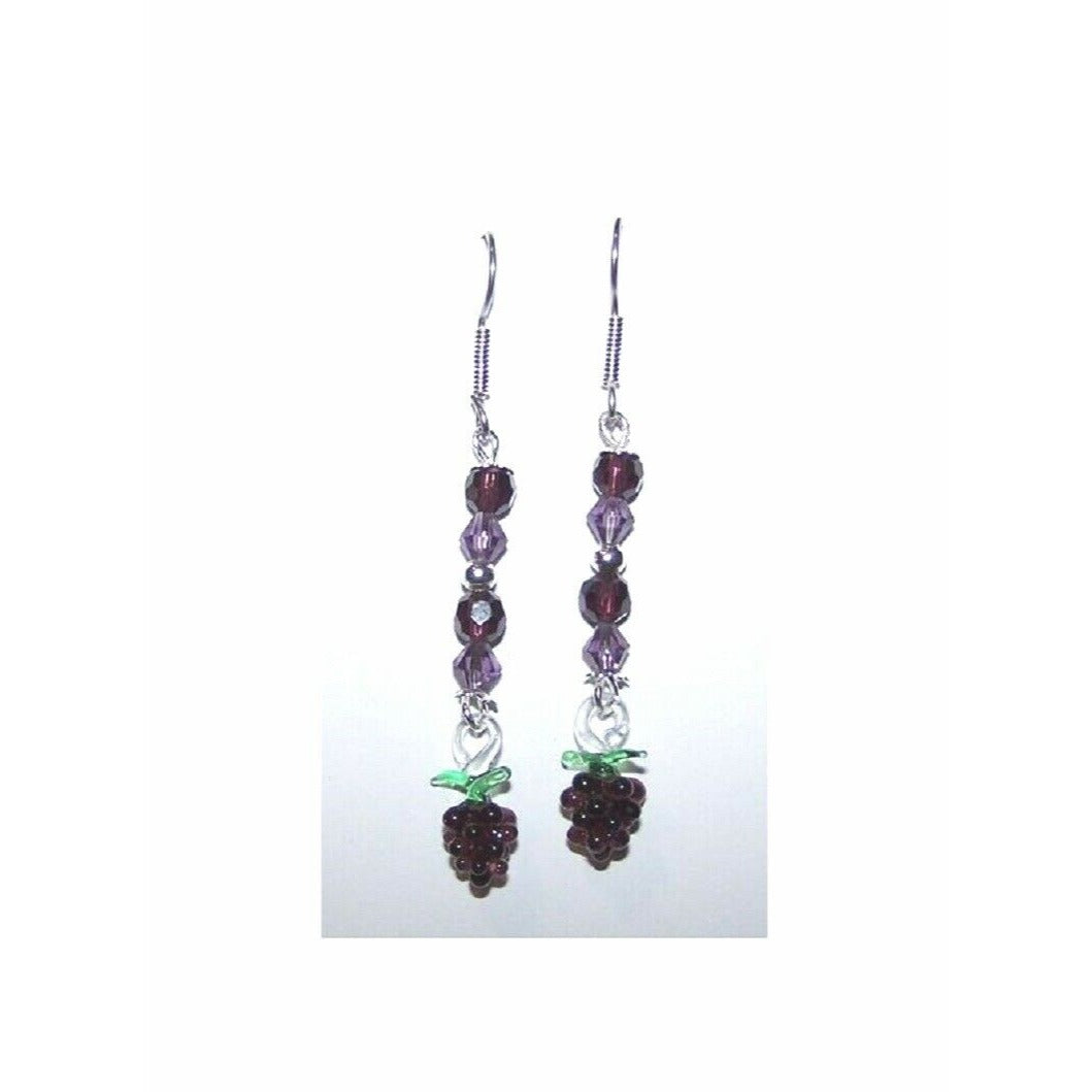 Earrings Mini Purple Glass Grape Cluster Purple and Silver Bead Sterling Wire 2"