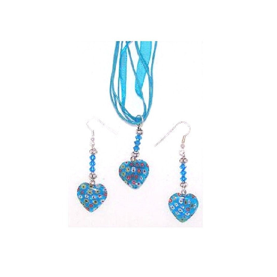 Necklace Earrings Set Blue Heart Flowers White Red Yellow Blue Ribbon Blue Bead