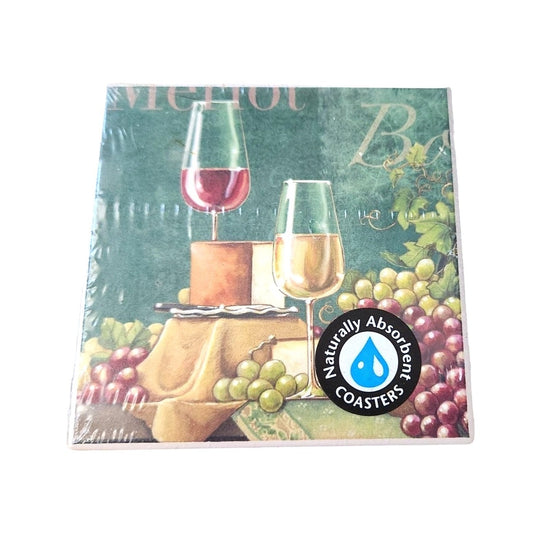 Naturally Absorbent Ceramic Set of 4 Coasters Wine Design Cork Backed 3 3/4" x 3 3/4"