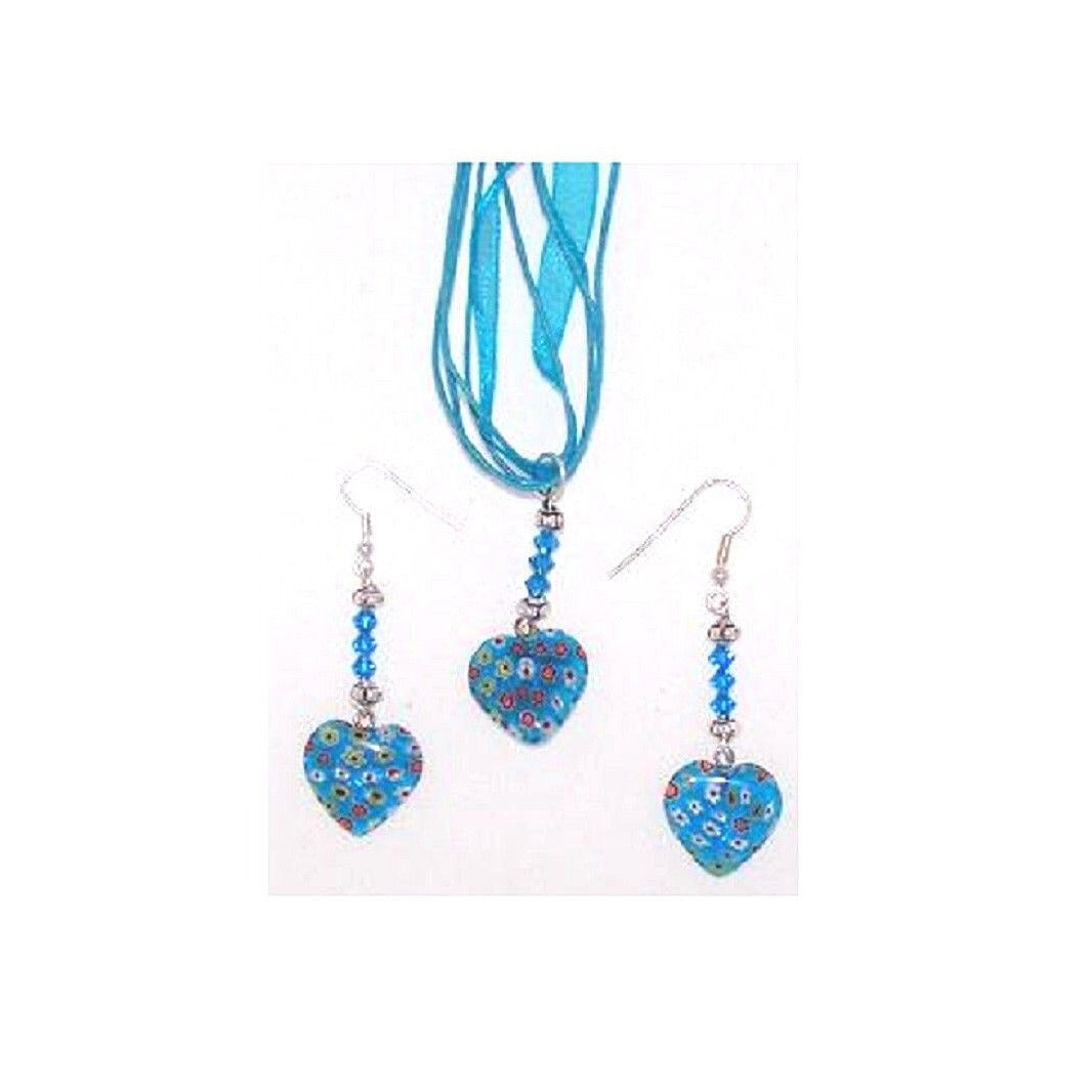 Necklace Earrings Set Blue Heart Flowers White Red Yellow Blue Ribbon Blue Bead