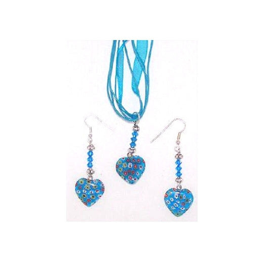 Necklace Earrings Set Blue Heart Flowers White Red Yellow Blue Ribbon Blue Bead