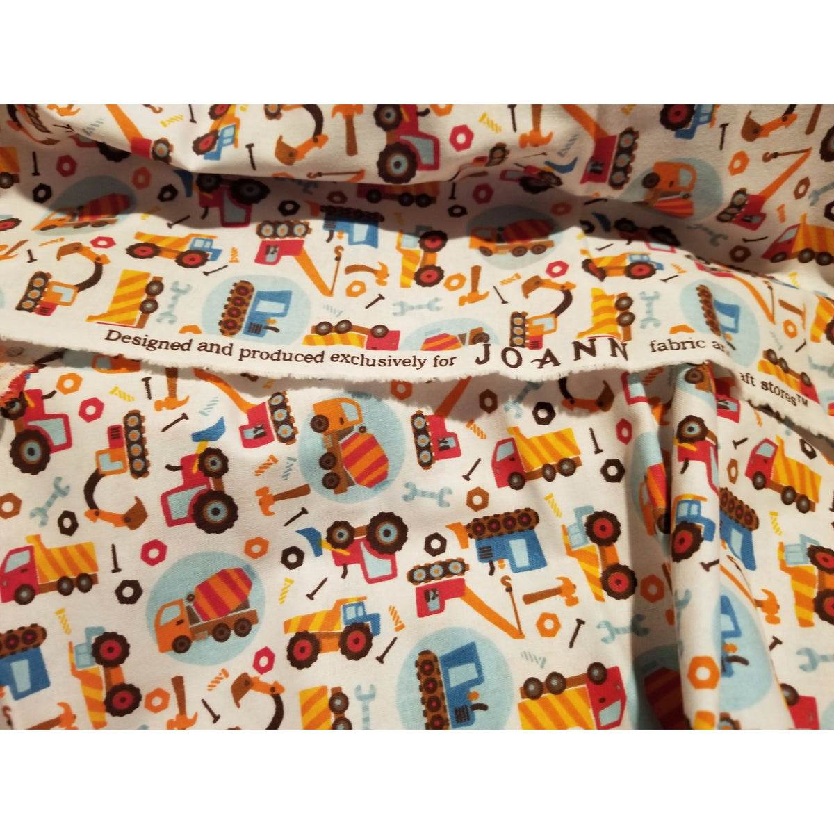 Material Cotton White Fabric  Trucks Building Tools Cranes Cement Mixer Nails Hammer  72" x  45" Cotton