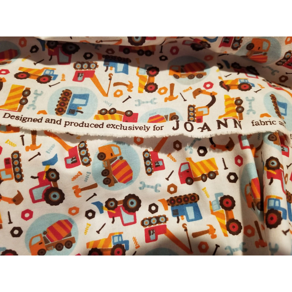 Material Cotton White Fabric  Trucks Building Tools Cranes Cement Mixer Nails Hammer  72" x  45" Cotton