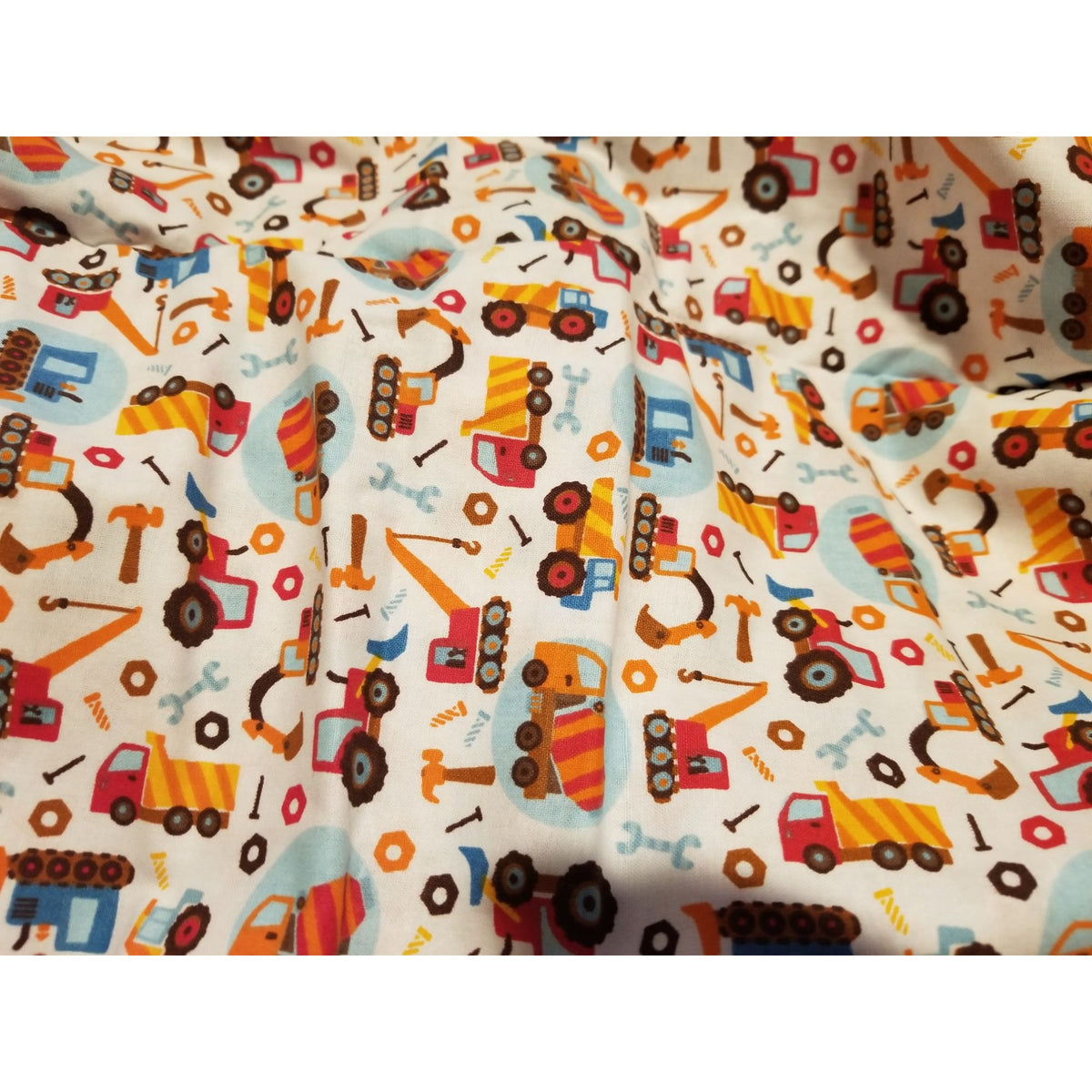 Material Cotton White Fabric  Trucks Building Tools Cranes Cement Mixer Nails Hammer  72" x  45" Cotton