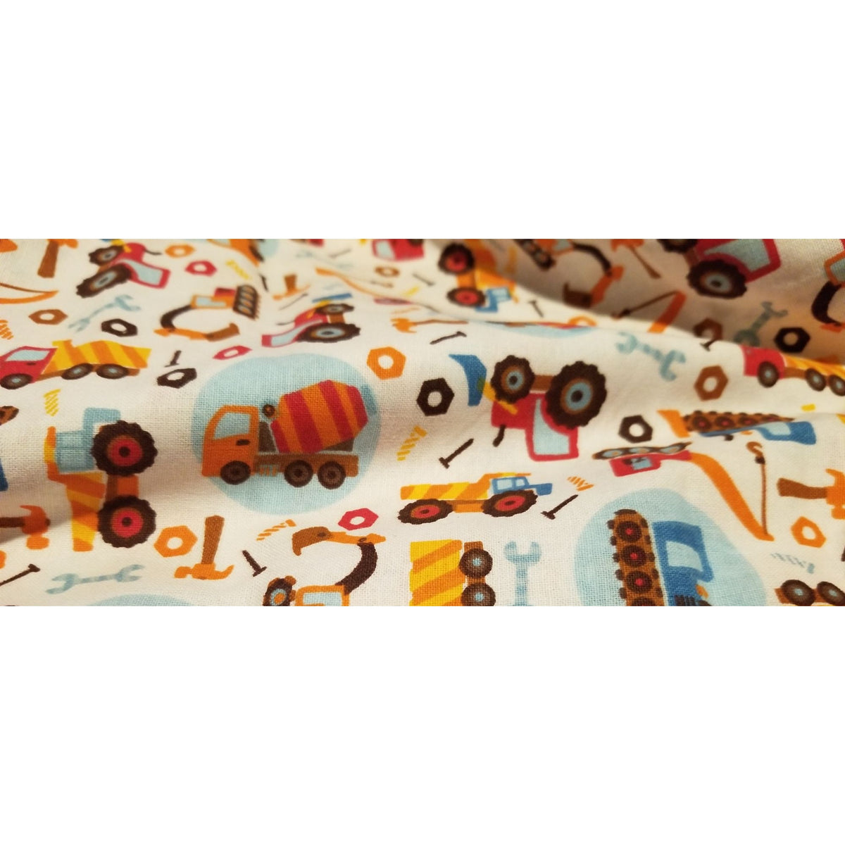 Material Cotton White Fabric  Trucks Building Tools Cranes Cement Mixer Nails Hammer  72" x  45" Cotton