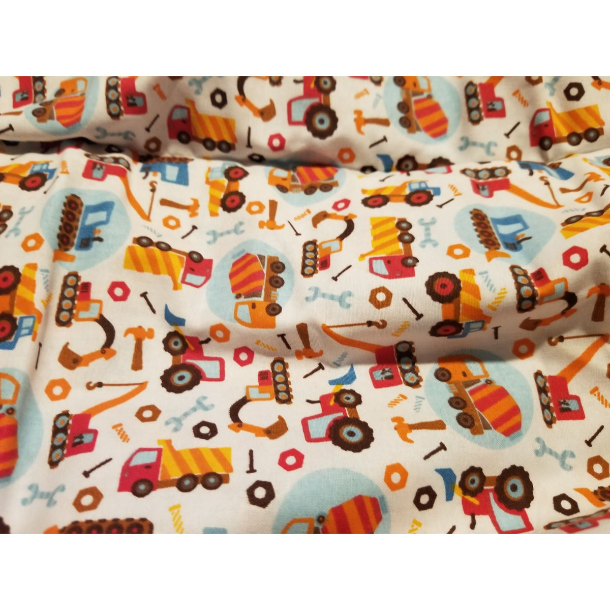 Material Cotton White Fabric  Trucks Building Tools Cranes Cement Mixer Nails Hammer  72" x  45" Cotton