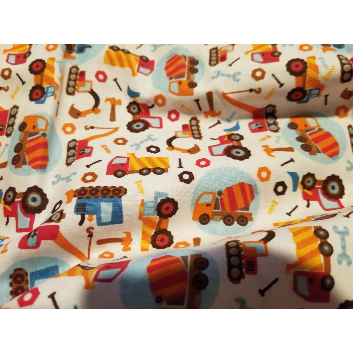 Material Cotton White Fabric  Trucks Building Tools Cranes Cement Mixer Nails Hammer  72" x  45" Cotton
