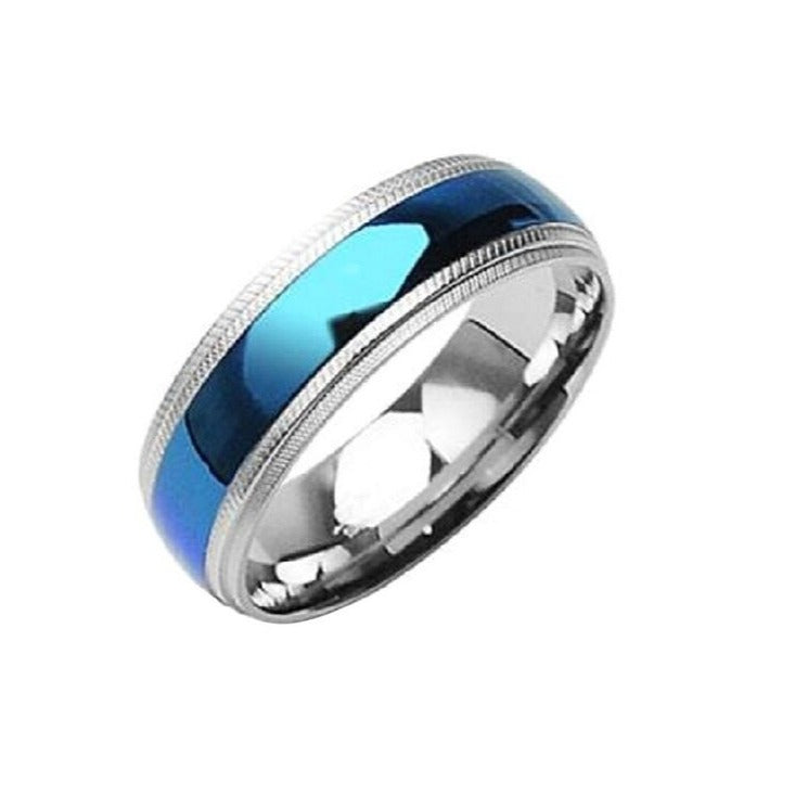 Ring Band 8 MM High Polished Stainless Steel Comfort-Fit Blue Plated Center