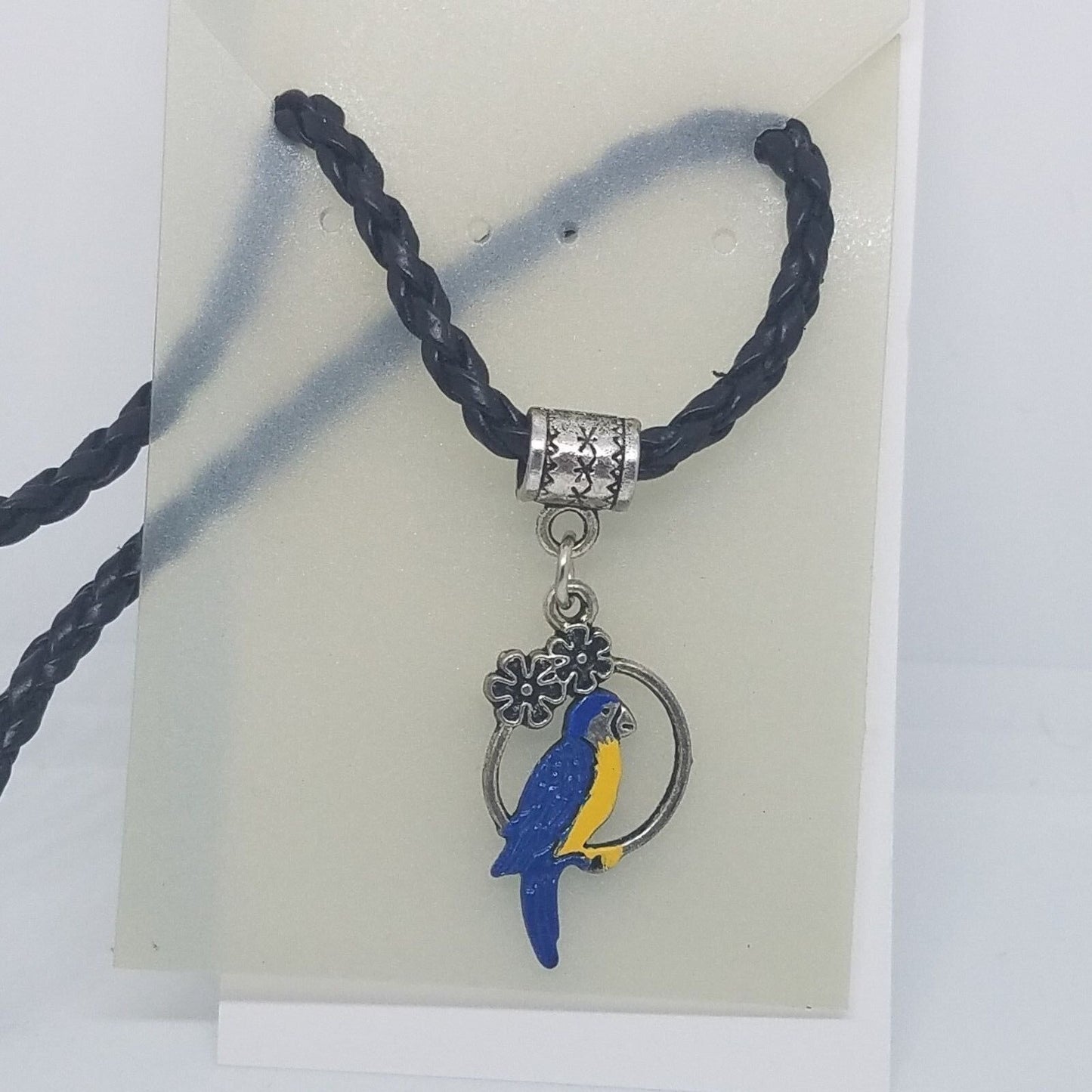 Necklace 1" Painted Blue Parrot in Hoop Flowers Charm Twisted Leather Cord