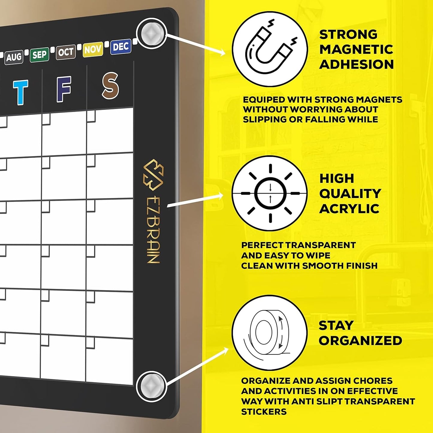 EZBRAIN Magnetic Fridge Calendar with Set of 6 Markers, Eraser, Acrylic Monthly Calendar for Fridge Monthly Calendar