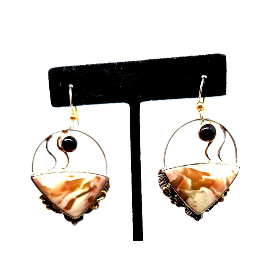 Earrings Handmade Willow Creek Jasper 5 cm Garnet 14K Gold 925 Silver 15.2 gr