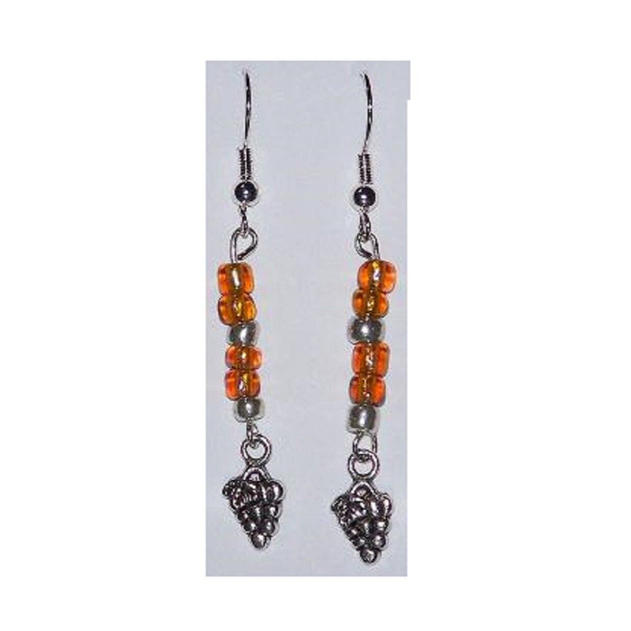 Earrings Small Grape Cluster Wine Charm Sterling Wire Amber and Silver Beads 2"