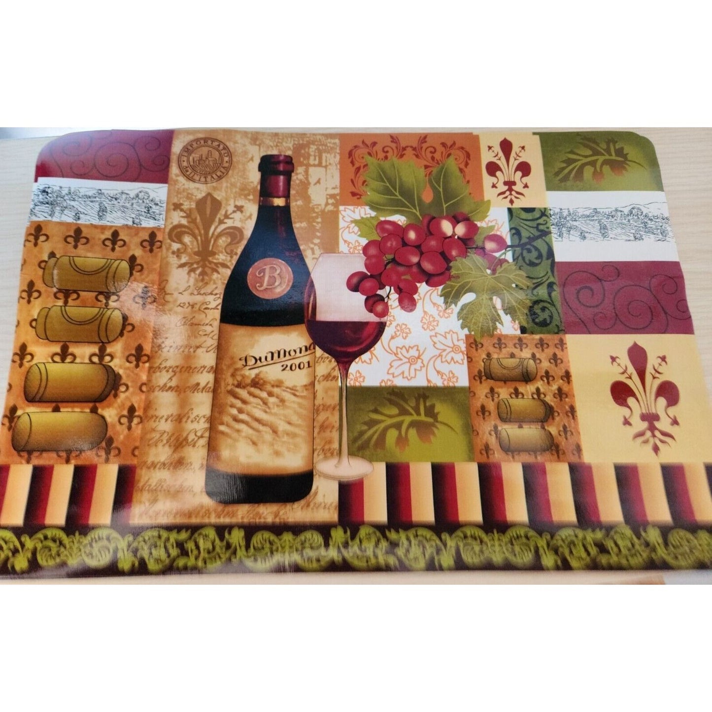 Home Store Wine Bottle Grape Vinyl Placemat Set of 2  Softback Size 18" x 12"