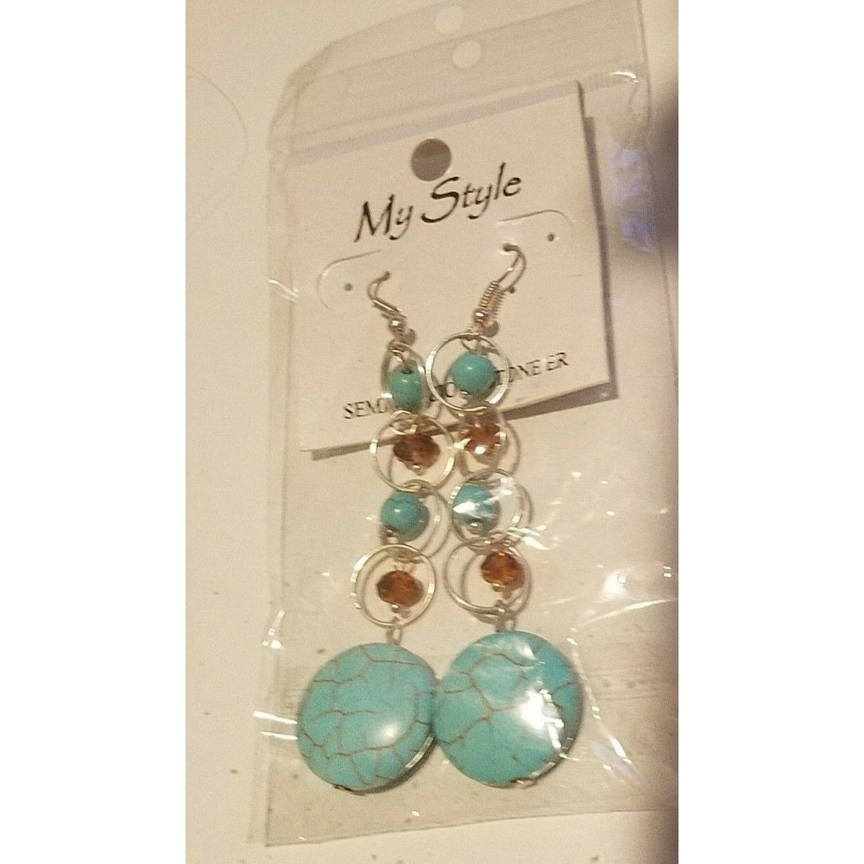 Earrings Costume Jewelry Turquoise color Stones Silver Hooks 3" Long