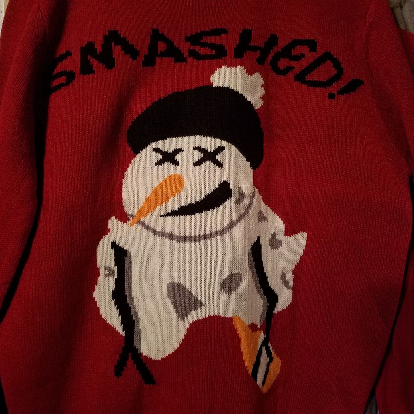 Sweater Santa's Ugly Christmas Sweater Red Smashed Snowman Size Medium