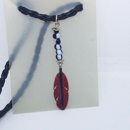 Necklace 1" Painted Red Feather Charm Black Blue Beads Twisted Leather Cord