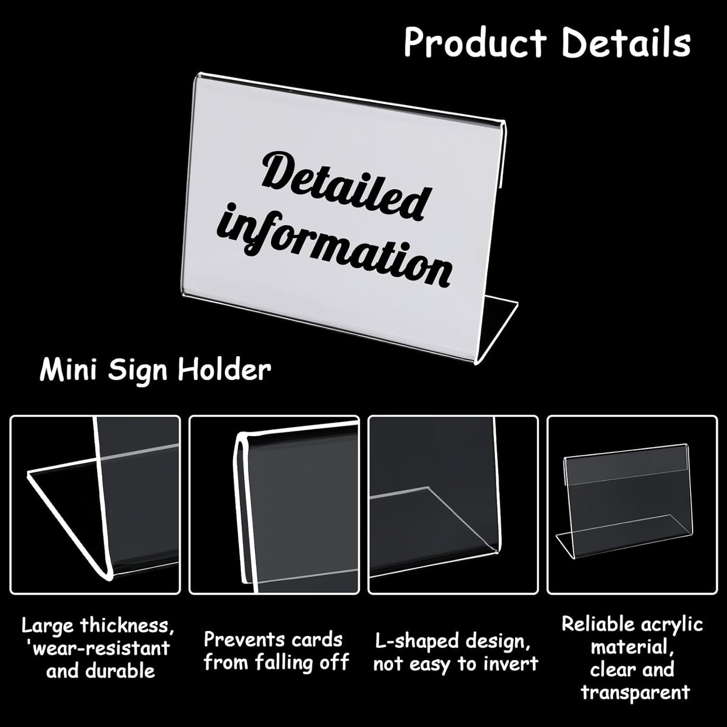 30 Pcs Mini Acrylic Sign Holder Clear Name Tag Holder Stand Price Card Tag Label Counter Top Stand Horizontal Slanted Back L Shaped Plastic