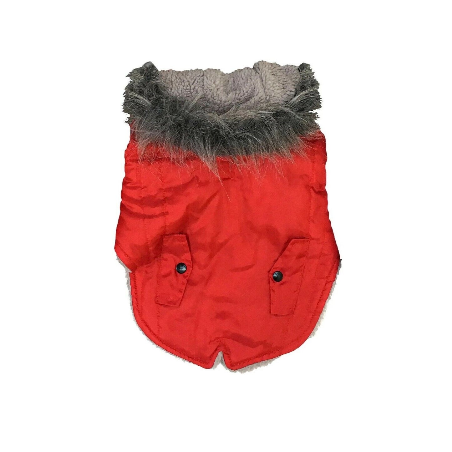 Dog Red Jacket Size Small Woof Pet Puffer Hooded Grey  Lined Fur around Hood