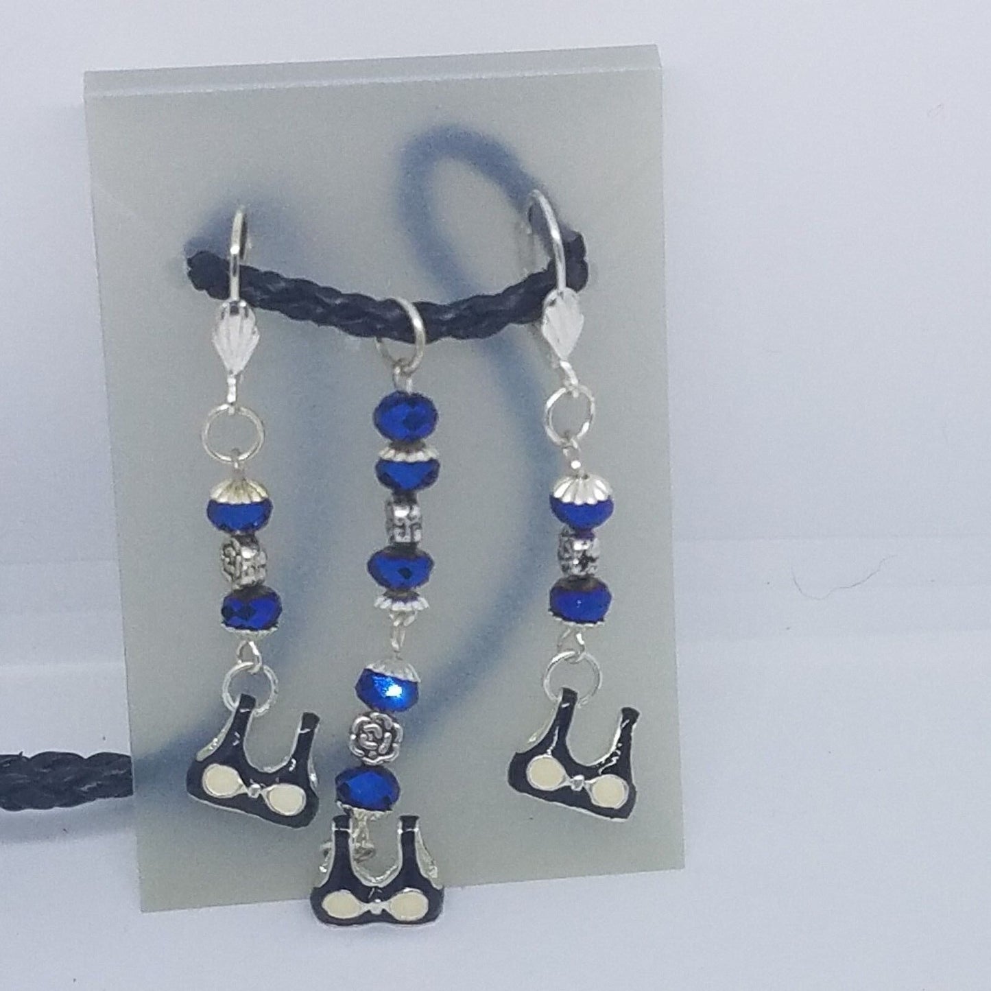 Necklace Earrings Bikini Bra Top 1/2 " Charm Blue Silver Bead Black Leather Cord