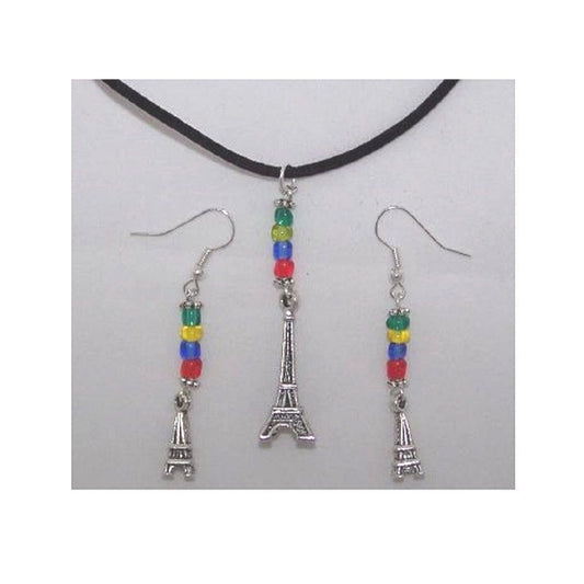 Necklace Earrings 3D Eiffel Tower Charms Red Green Yellow Blue Beads Black Cord