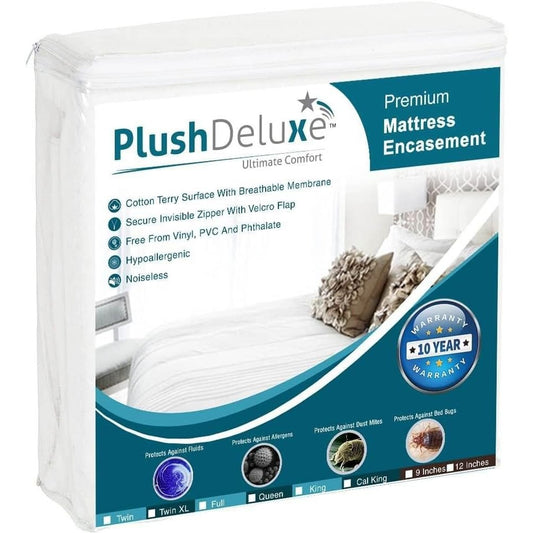 PlushDeluxe Premium Mattress Encasement - Zippered Waterproof BedCover, 6-Sided Protection - Hypoallergenic Terry Fabric - Protects Against
