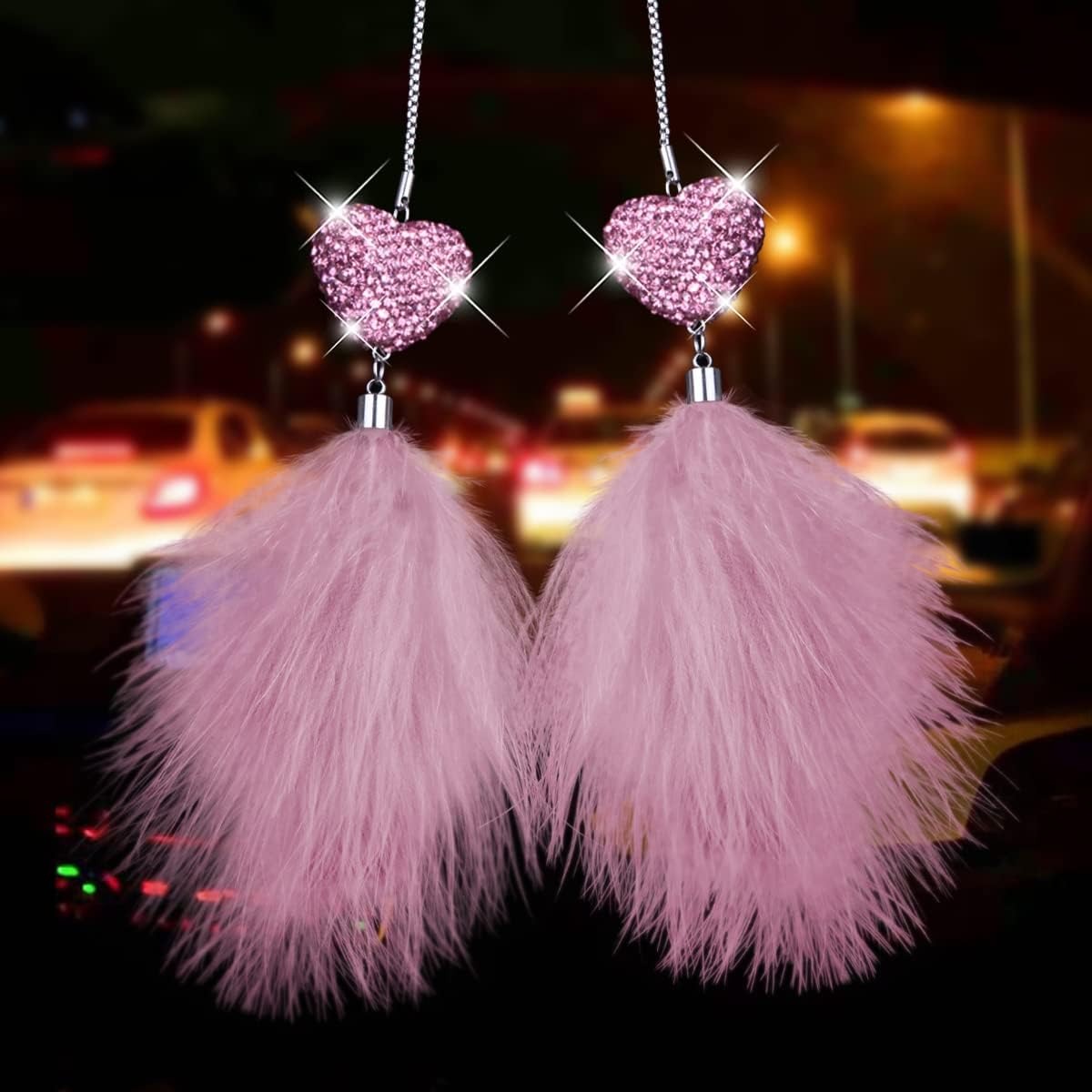 Spurtar Bling Car Mirror Hanging Accessories for Women Shiny Heart Shape Crystal Diamond Car Ornament with Plush Feather Pendant Rearview M