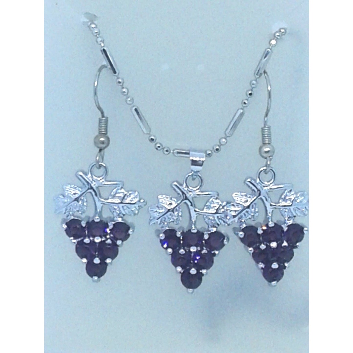 Necklace Earrings Set Purple Crystal Grape Cluster Leaves Vines 1" Long Silver