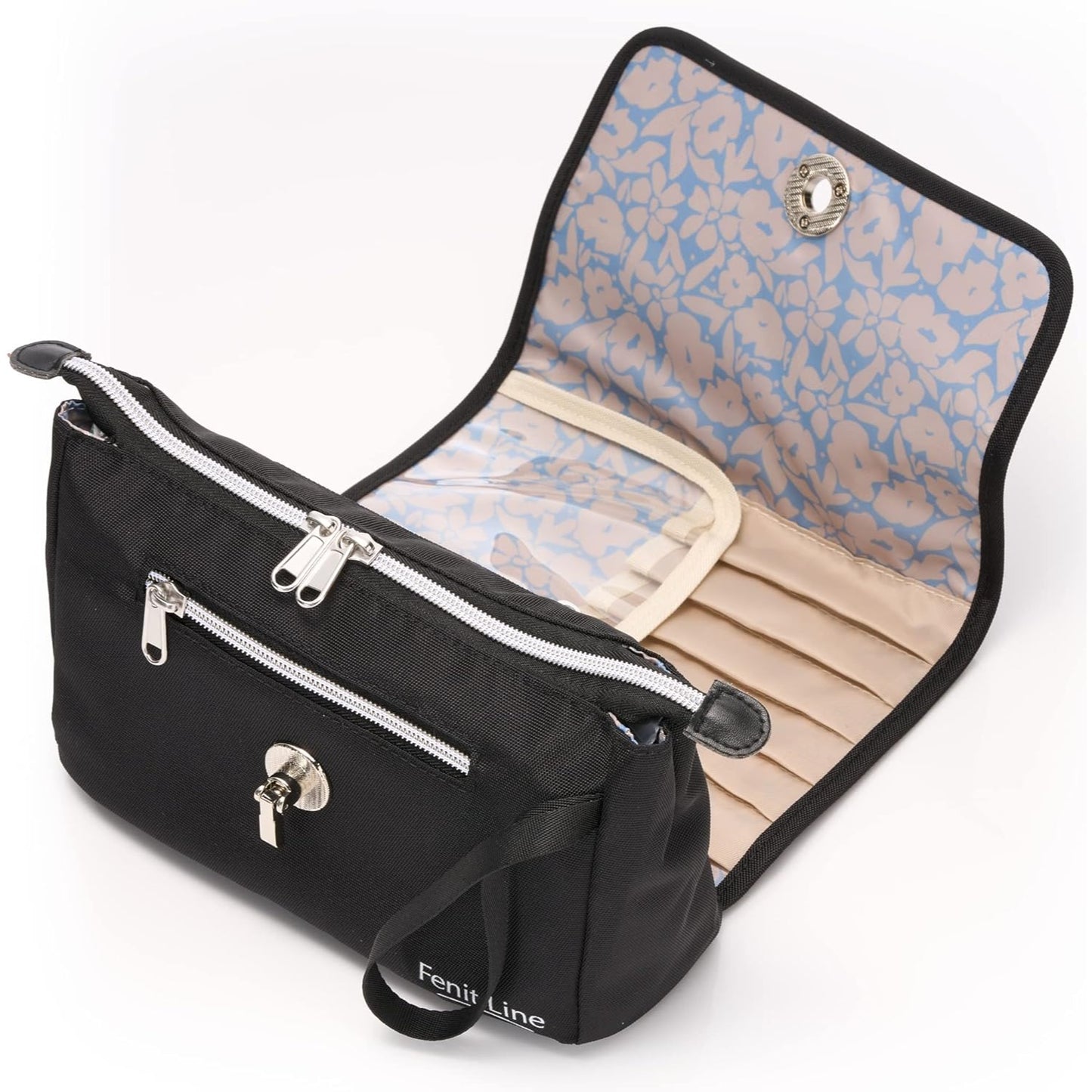 Fenit Line Makeup Bag with Reversible Flap, Portable Cosmetic Bag that Saves Space. Blend Your Makeup Brush Holder & Small Makeup Bag for Pu