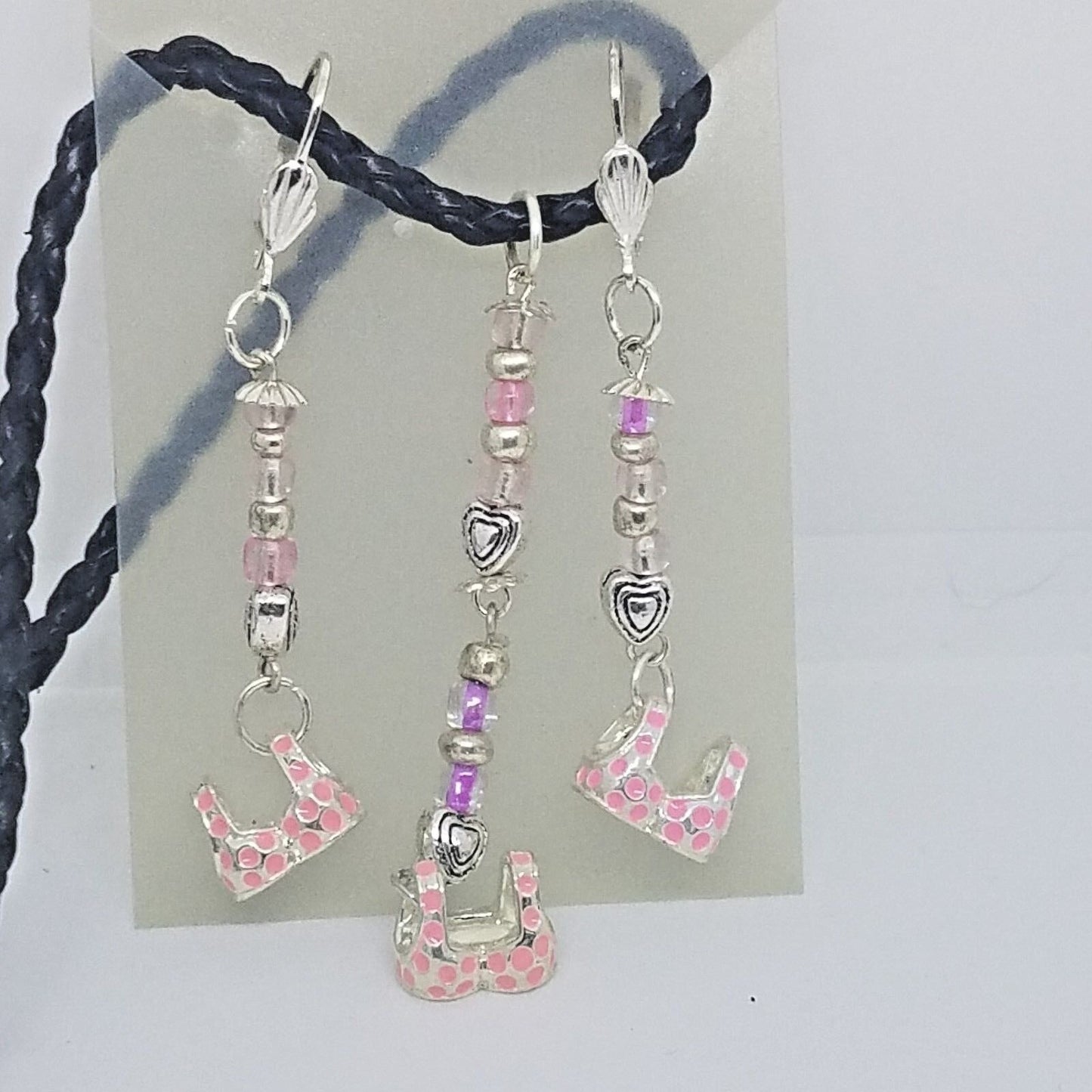 Necklace Earrings Pink Bra Top 1/2 " Charm Silver Heart Bead Black Leather Cord