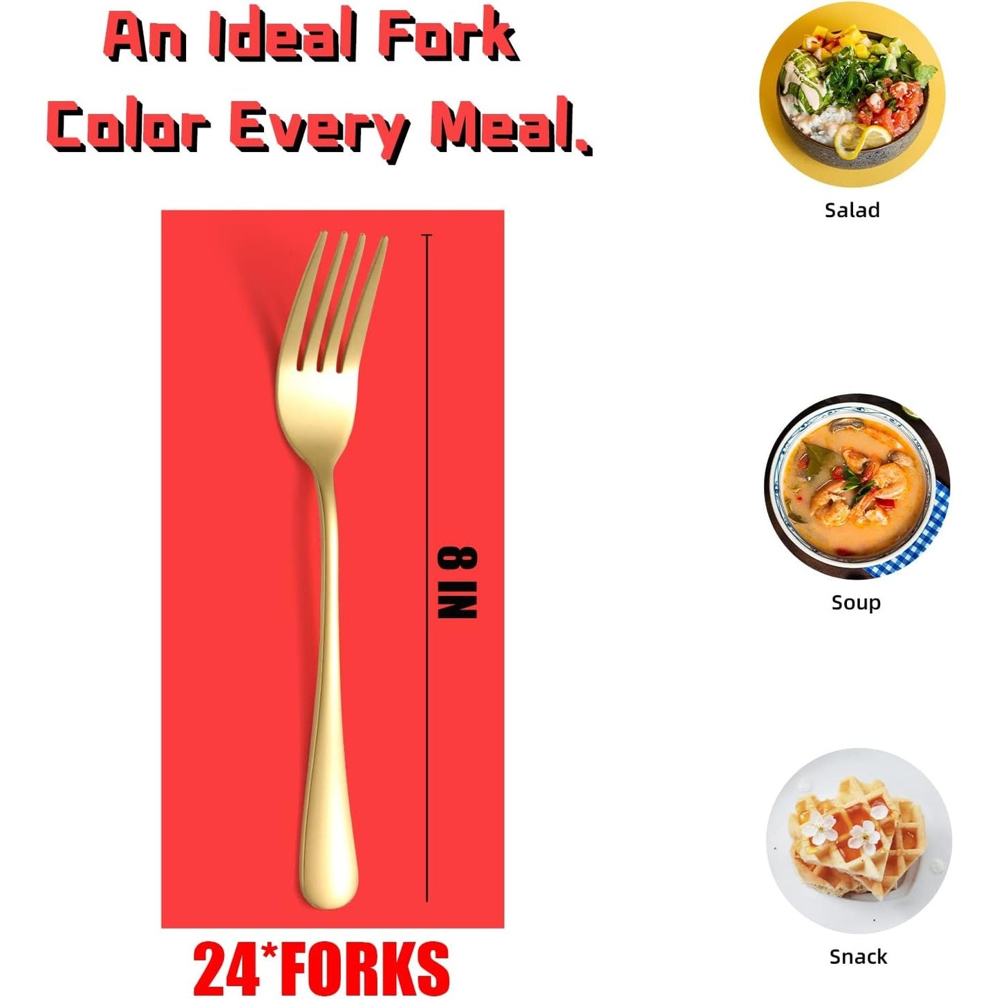 KITWare 24 Piece Gold Silverware Forks, Food Grade Stainless Steel Flatware Golden Dinner Forks 8 Inch Metal Forks Cutlery for Home Kitchen