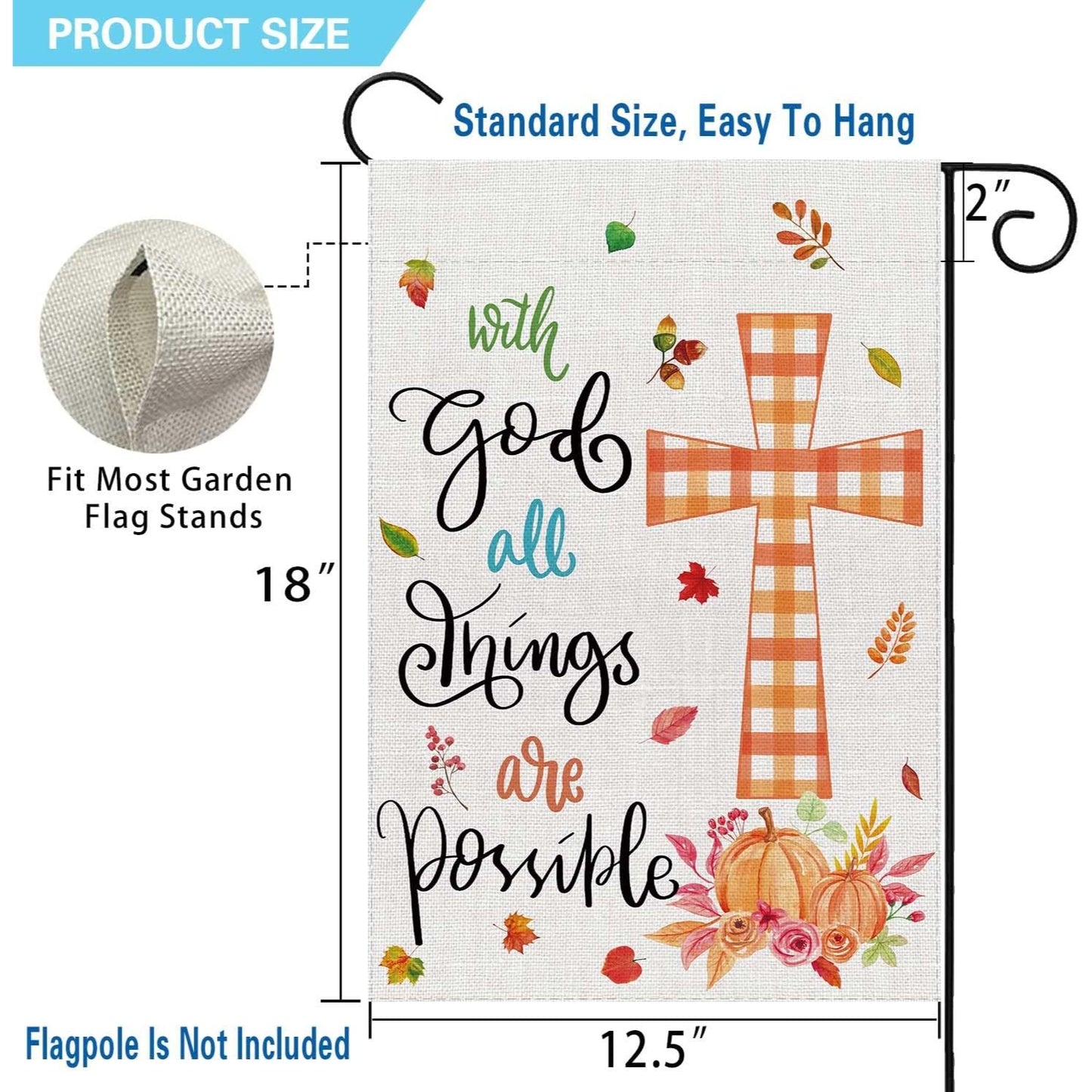 UPINLOOK Fall Thanksgiving Garden Flag 12 X 18 Inch Vertical Double Sided with God All Things are Possible Burlap Autumn Pumpkin Cross Farm