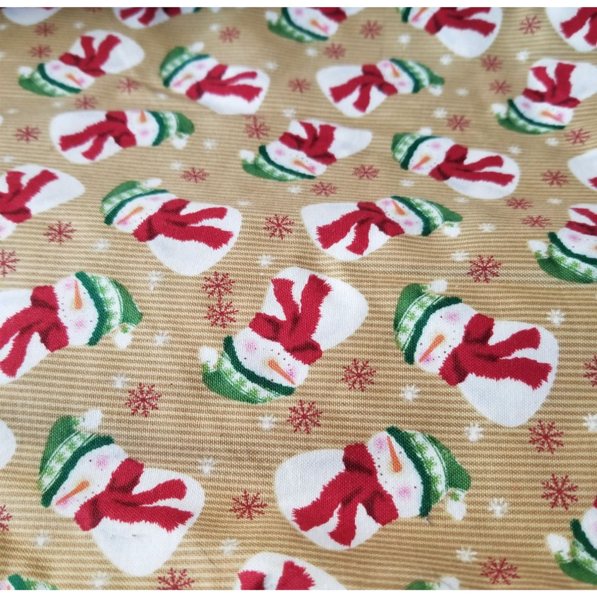 Material Brown  Fabric Red Green Hats Snowmen SnowFlakes Fabric  44" x 45"   Cotton Craft Clothing Joann