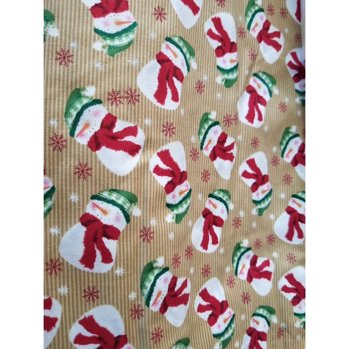 Material Brown  Fabric Red Green Hats Snowmen SnowFlakes Fabric  44" x 45"   Cotton Craft Clothing Joann