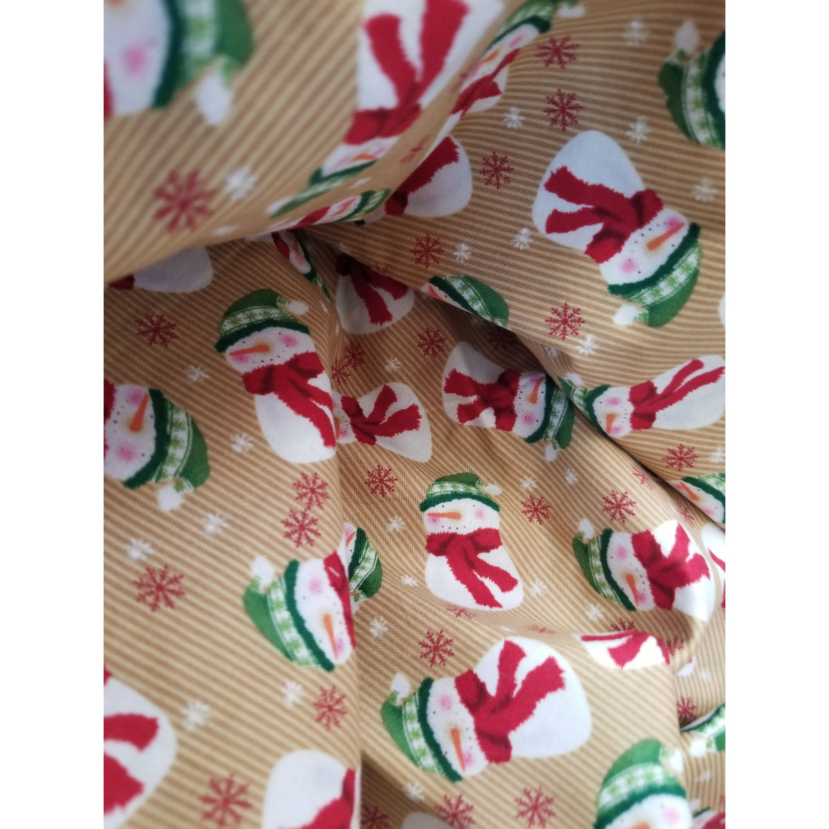 Material Brown  Fabric Red Green Hats Snowmen SnowFlakes Fabric  44" x 45"   Cotton Craft Clothing Joann