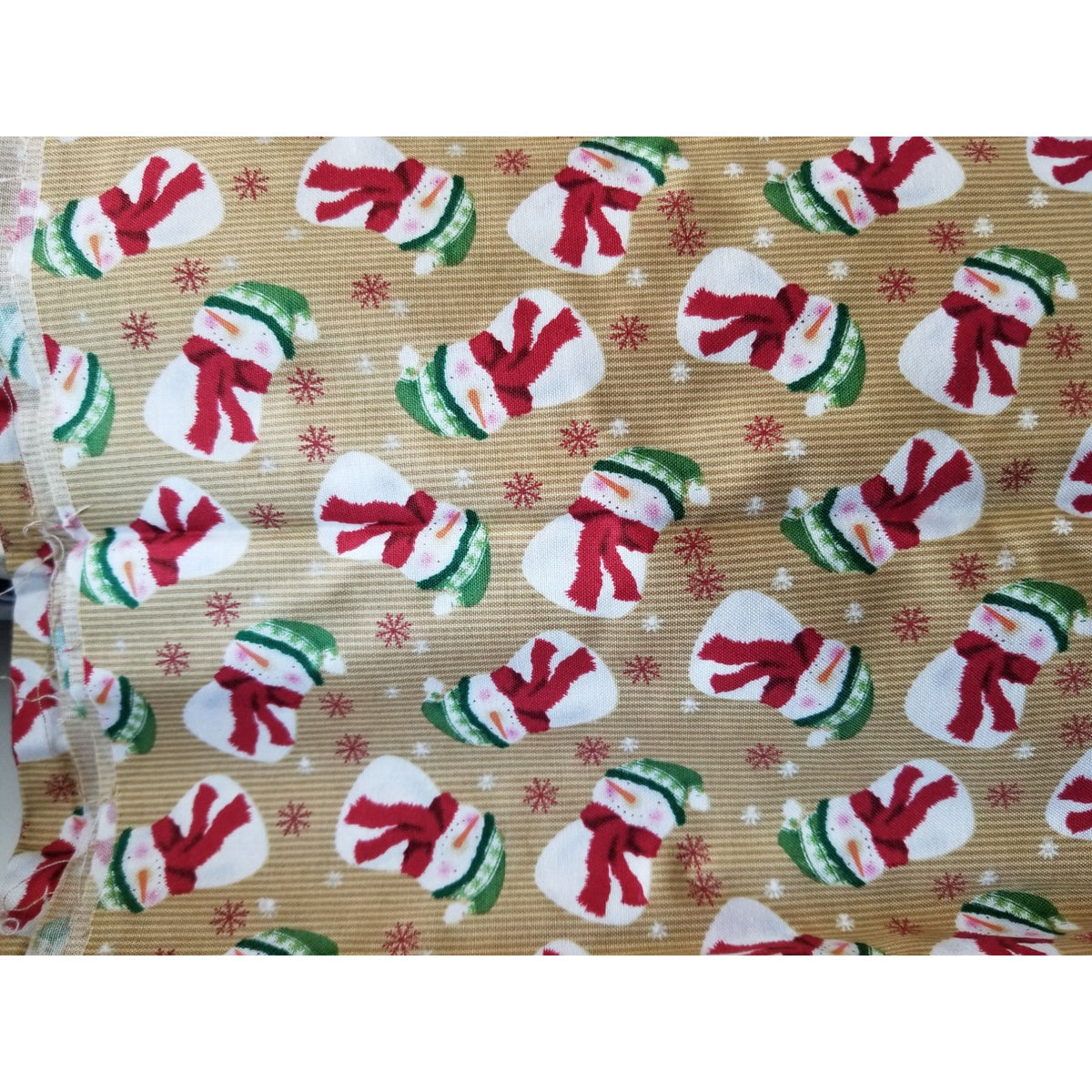Material Brown  Fabric Red Green Hats Snowmen SnowFlakes Fabric  44" x 45"   Cotton Craft Clothing Joann