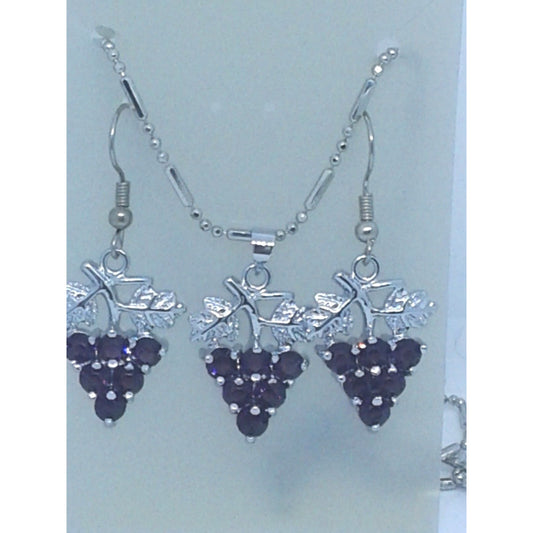 Necklace Earrings Set Purple Crystal Grape Cluster Leaves Vines 1" Long Silver
