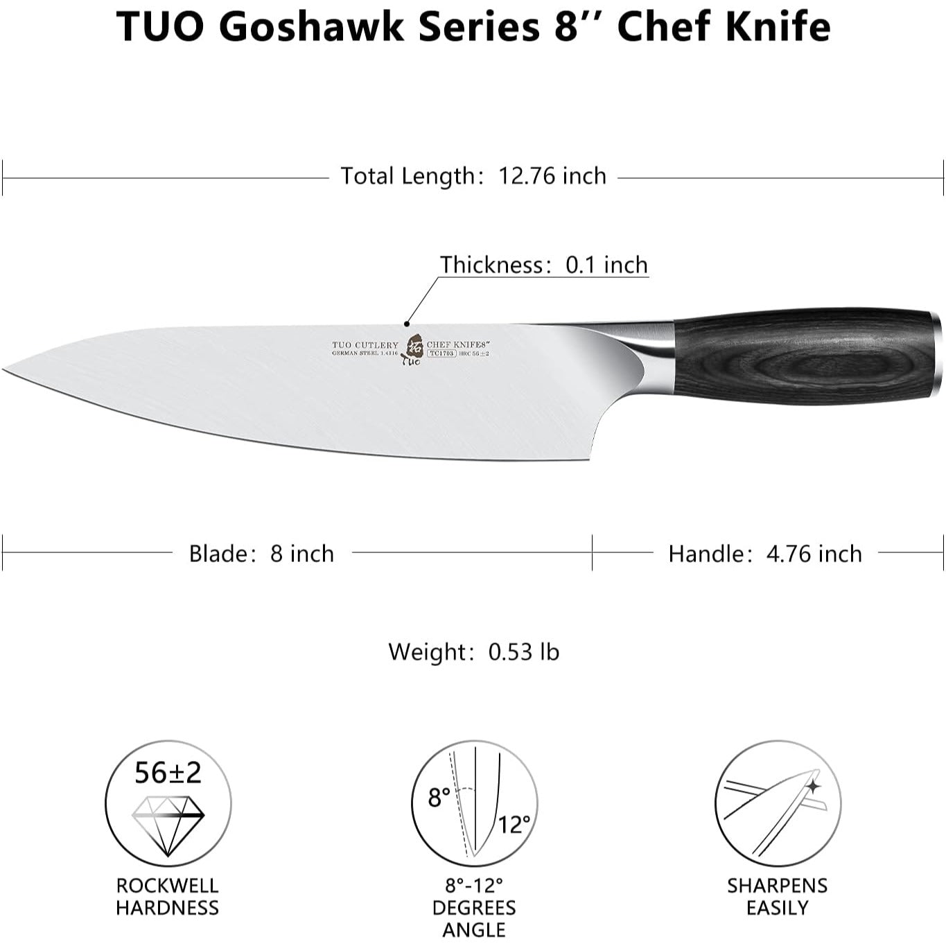 TUO Chef Knife 8", Pro Chefs Cooking Knife Japanese Vegetable Cleaver, High Carbon German Stainless Steel, Ergonomic Pakkawood Handle, Gosha