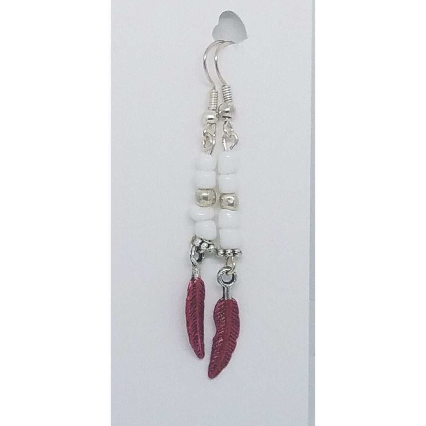 Earrings Small Painted Red Feather Charm Sterling Wire White & Silver Beads 2"