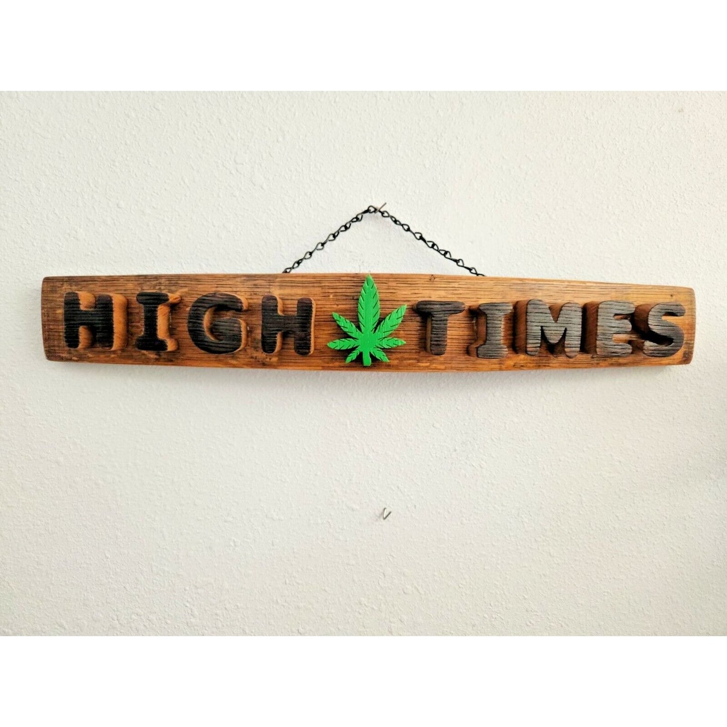 Wood Sign Wine Stave says "High Times  ", Letters, Leaf  Cut from Stave